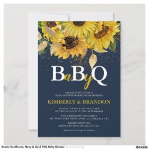 Rustic Sunflower, Navy & Gold BBQ Baby Shower Invitation