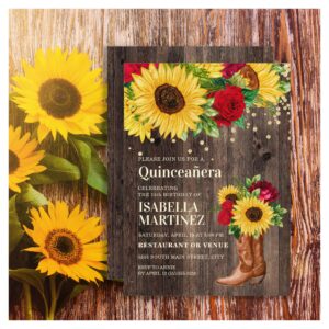 Rustic Sunflower Red Roses Boots Quincea?era Invitation