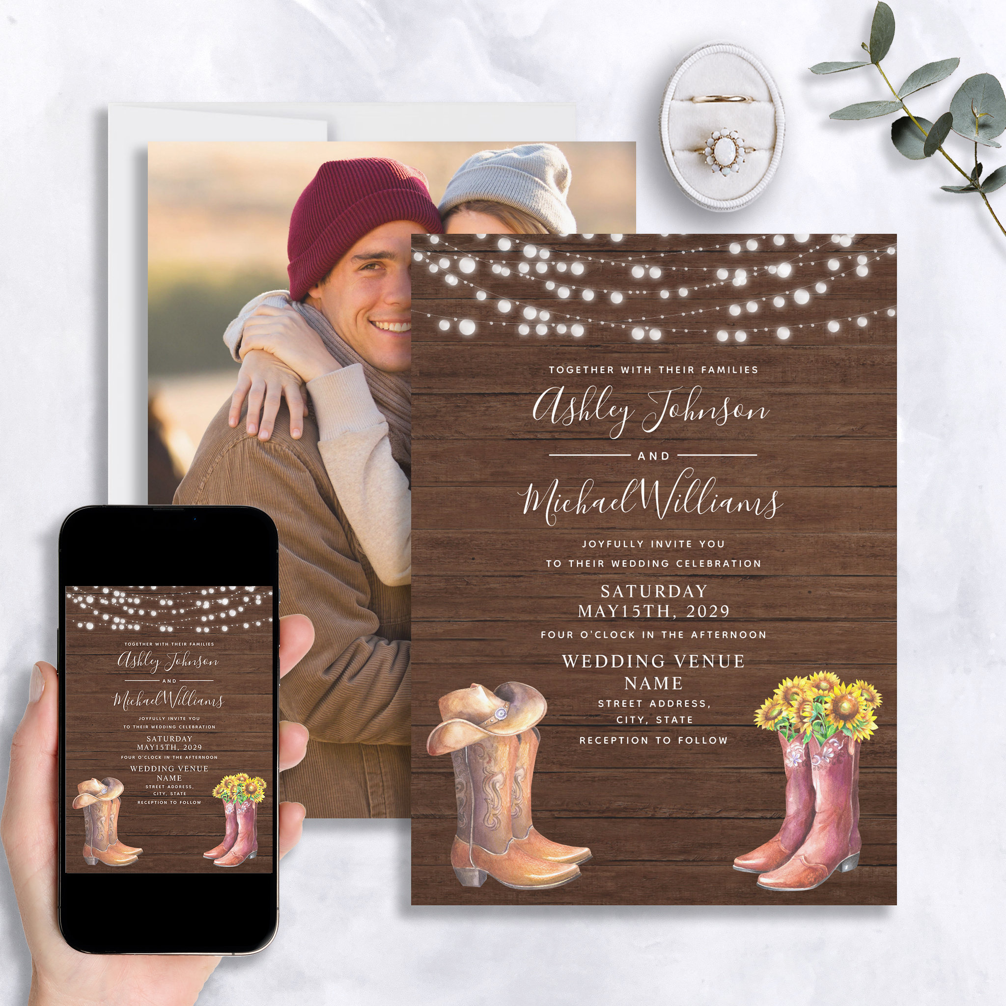 Rustic Sunflower Western Typography Photo Wedding Invitation