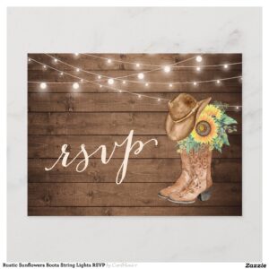 Rustic Sunflowers Boots String Lights RSVP Invitation Postcard