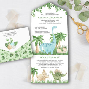 Rustic Watercolor Jungle Cute Dinosaur Baby Shower All In One Invitation