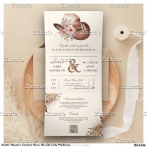 Rustic Western Cowboy Floral Hat QR Code Wedding Tri-Fold Invitation