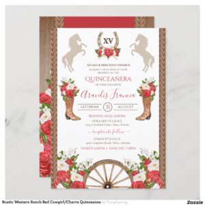 Rustic Western Ranch Red Cowgirl/Charra Quinceanos Invitation