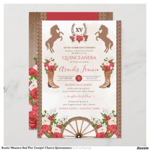Rustic Western Red Flor Cowgirl Charra Quinceanera Invitation