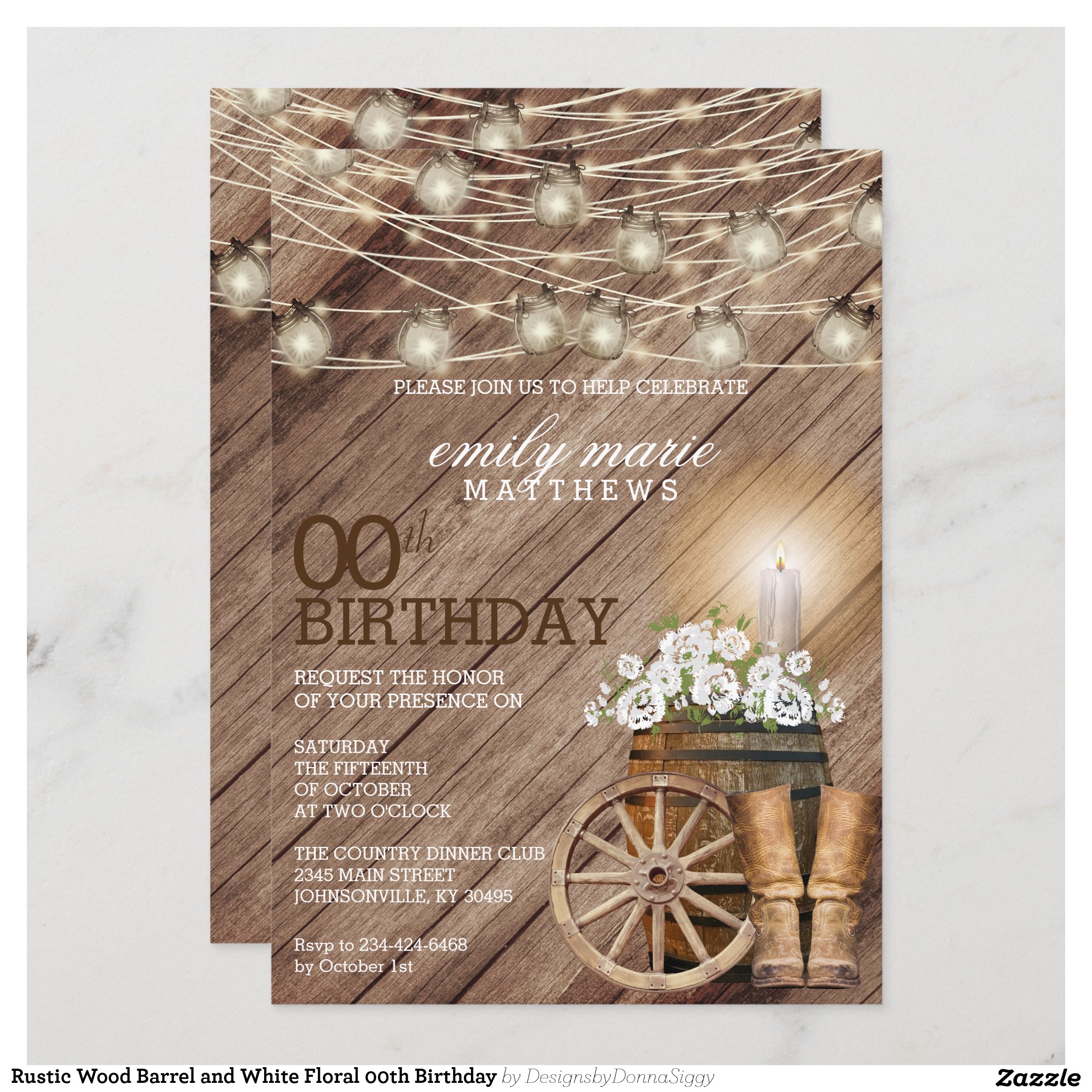 Rustic Wood Barrel and White Floral 00th Birthday Invitation