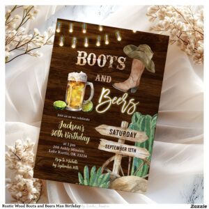 Rustic Wood Boots and Beers Man Birthday Invitation