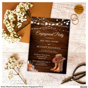 Rustic Wood Cowboy Boots Western Engagement Party Invitation
