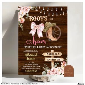 Rustic Wood Floral Boots or Bows Gender Reveal Invitation