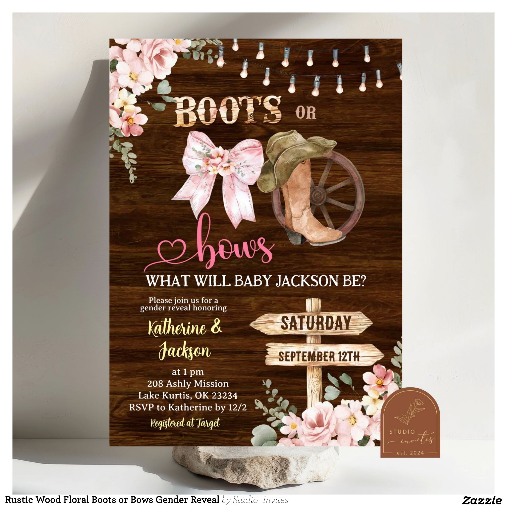 Rustic Wood Floral Boots or Bows Gender Reveal Invitation