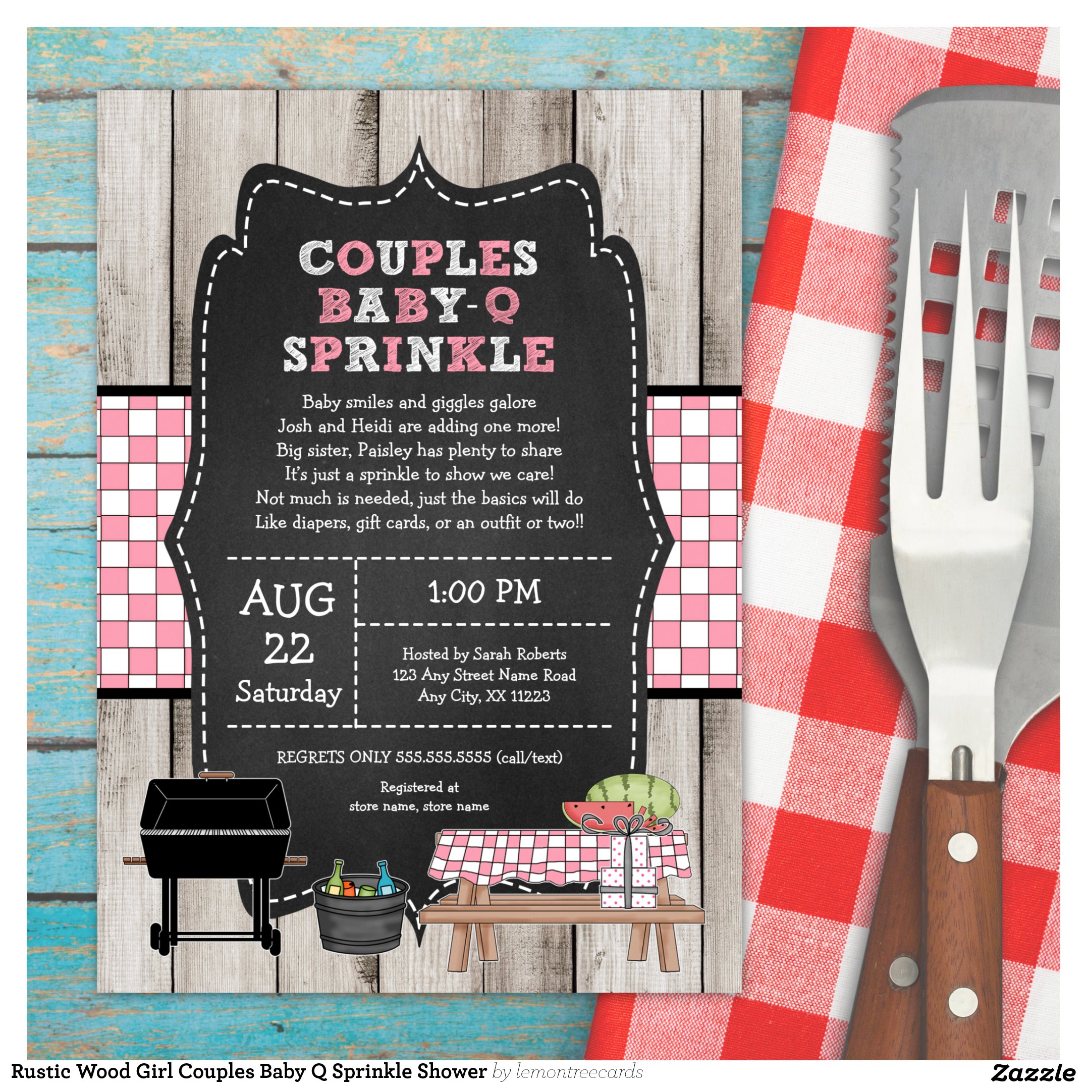 Rustic Wood Girl Couples Baby Q Sprinkle Shower Invitation