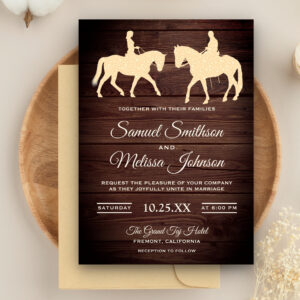 Rustic Wood Romantic Western Horse Riders Wedding Invitation