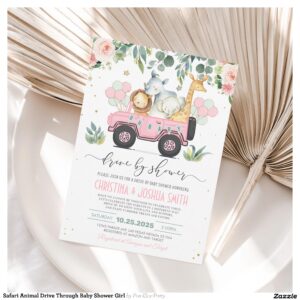 Safari Animal Drive Through Baby Shower Girl Invitation