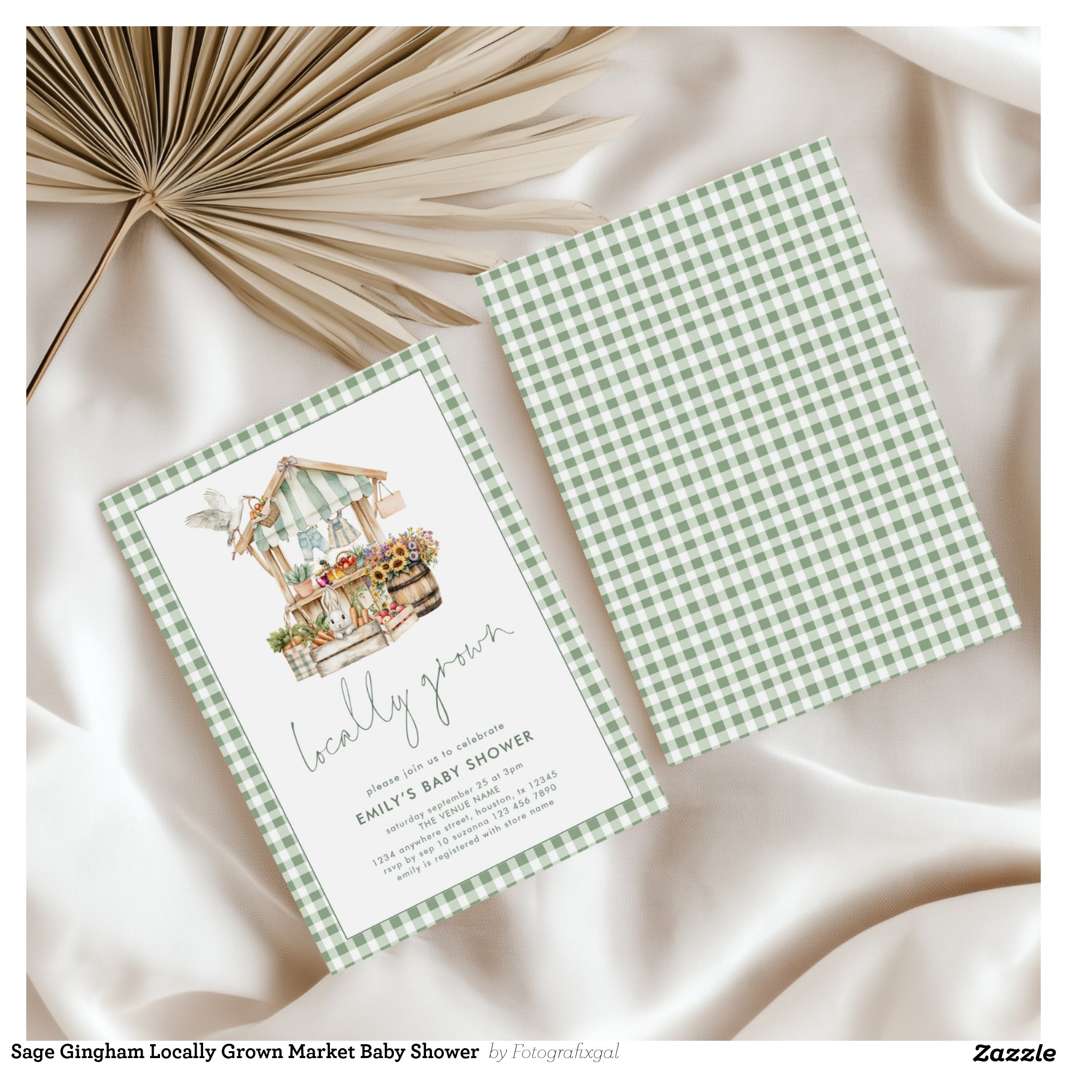 Sage Gingham Locally Grown Market Baby Shower Invitation