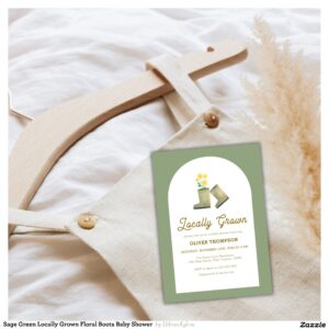 Sage Green Locally Grown Floral Boots Baby Shower Invitation