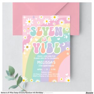 Seven is A Vibe Daisy Groovy Rainbow 7th Birthday Invitation