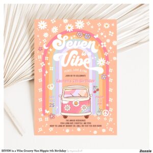 SEVEN is a Vibe Groovy Van Hippie 7th Birthday Invitation