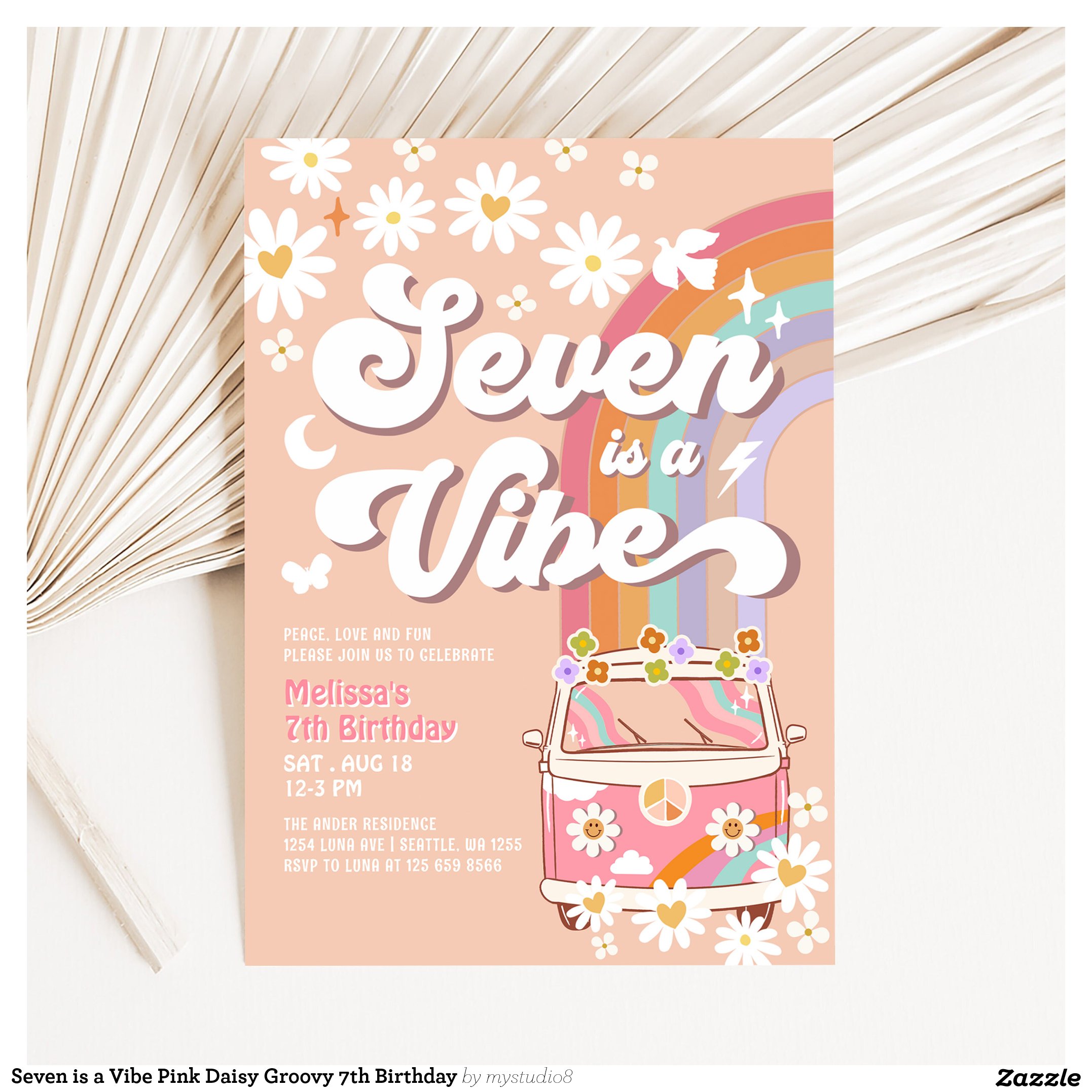 Seven is a Vibe Pink Daisy Groovy 7th Birthday Invitation