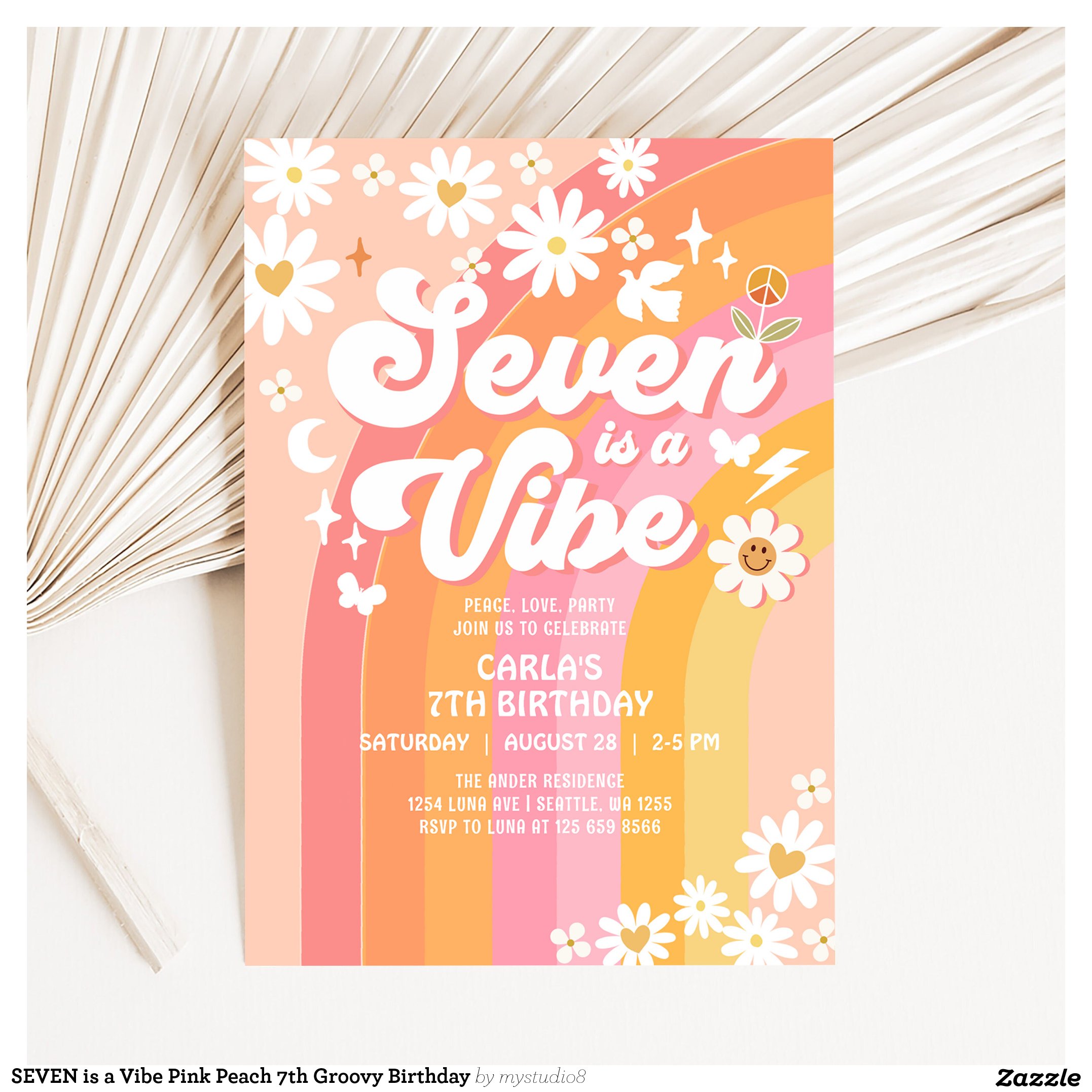 SEVEN is a Vibe Pink Peach 7th Groovy Birthday Invitation
