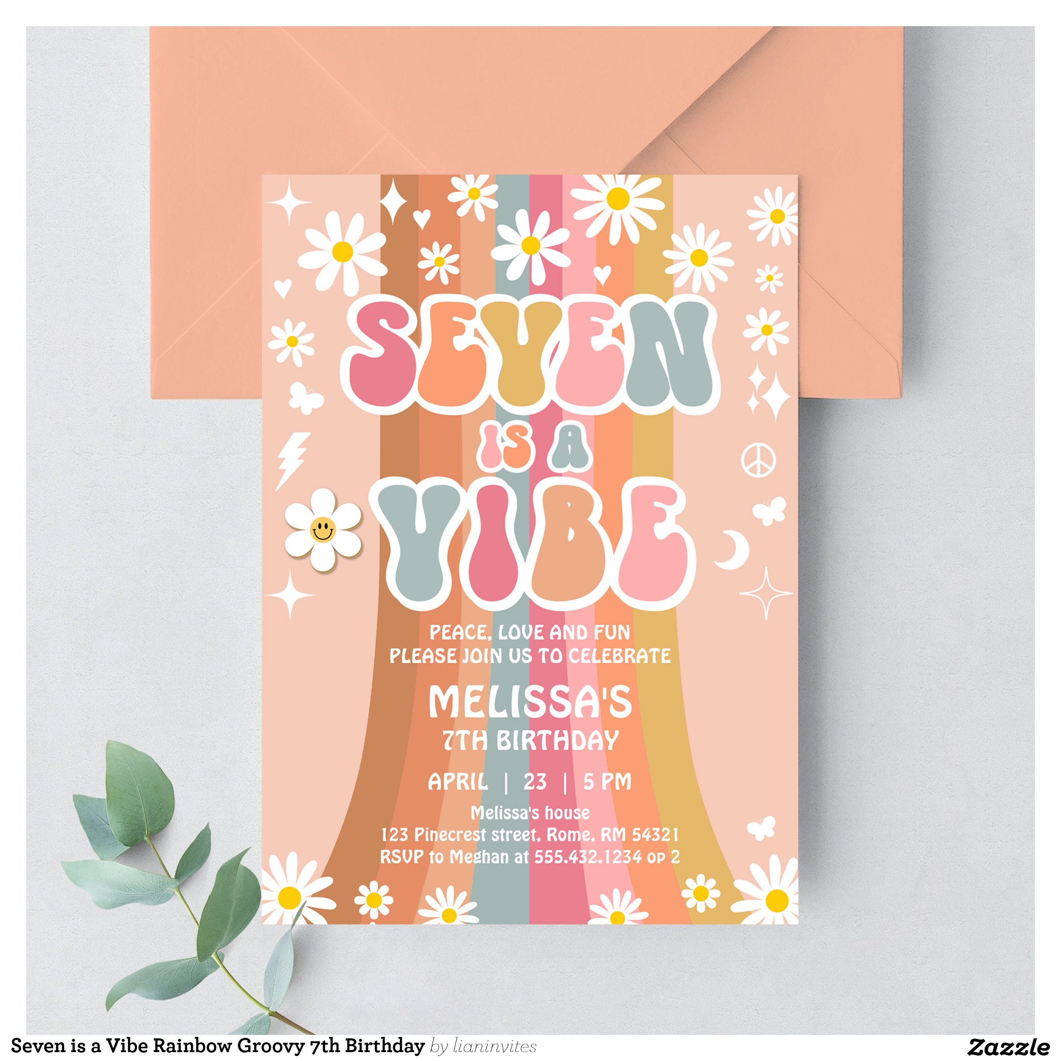 Seven is a Vibe Rainbow Groovy 7th Birthday Invitation