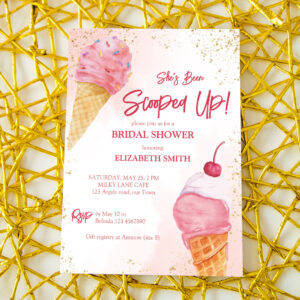 She's been scooped up pink ice cream bridal shower invitation