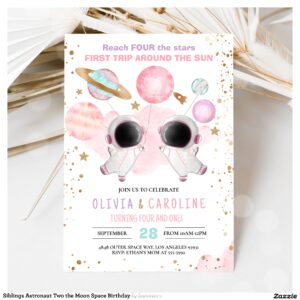 Siblings Astronaut Two the Moon Space Birthday Invitation