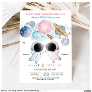 Siblings Dual Party Boy Girl Astronaut Birthday Invitation