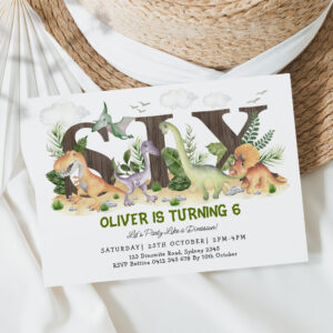 SIX Boy Dinosaurs 6th Birthday Party Invitation