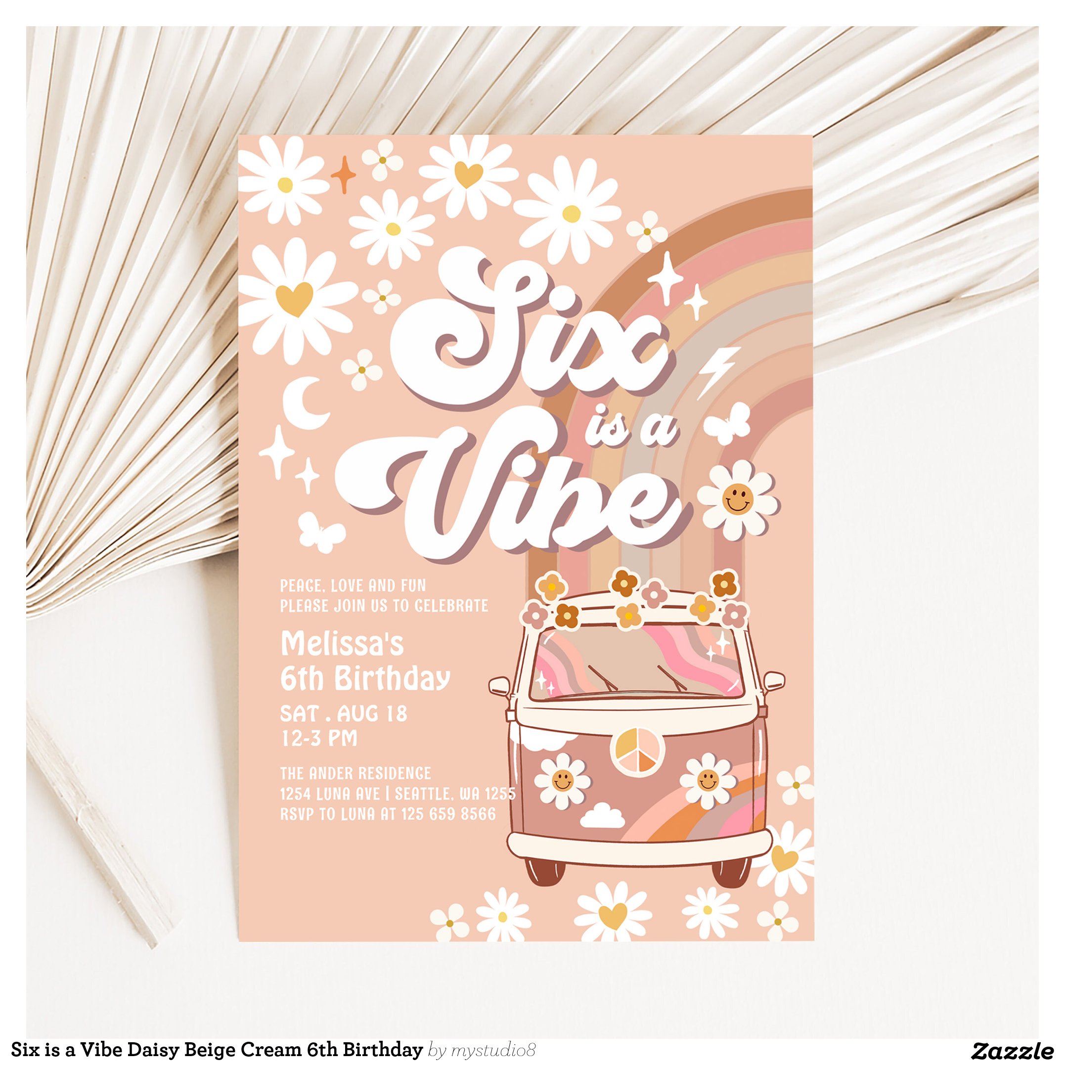 Six is a Vibe Daisy Beige Cream 6th Birthday Invitation