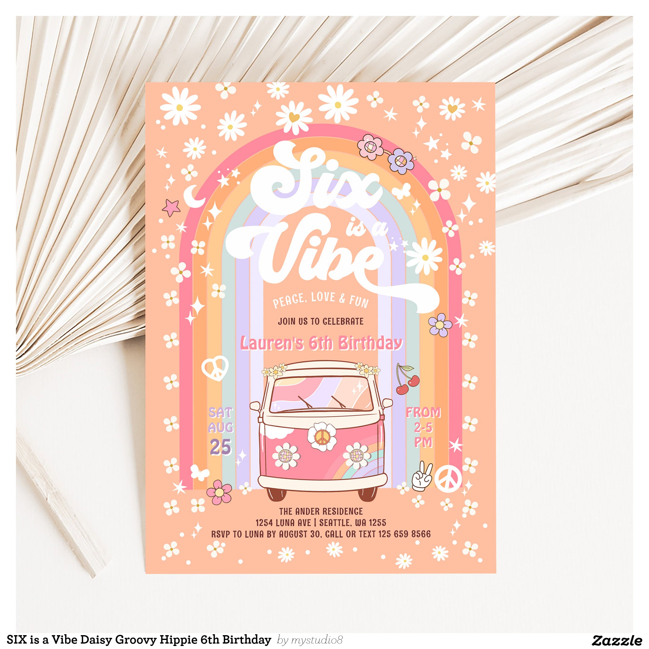 SIX is a Vibe Daisy Groovy Hippie 6th Birthday Invitation