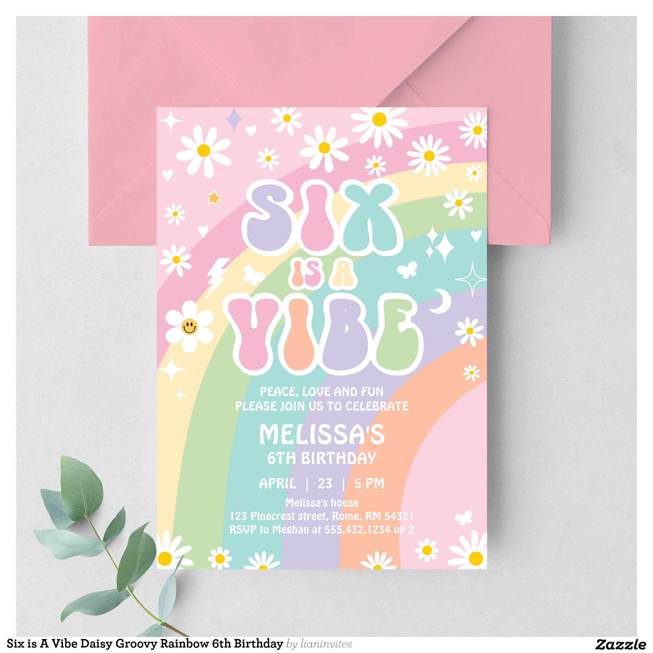 Six is A Vibe Daisy Groovy Rainbow 6th Birthday Invitation