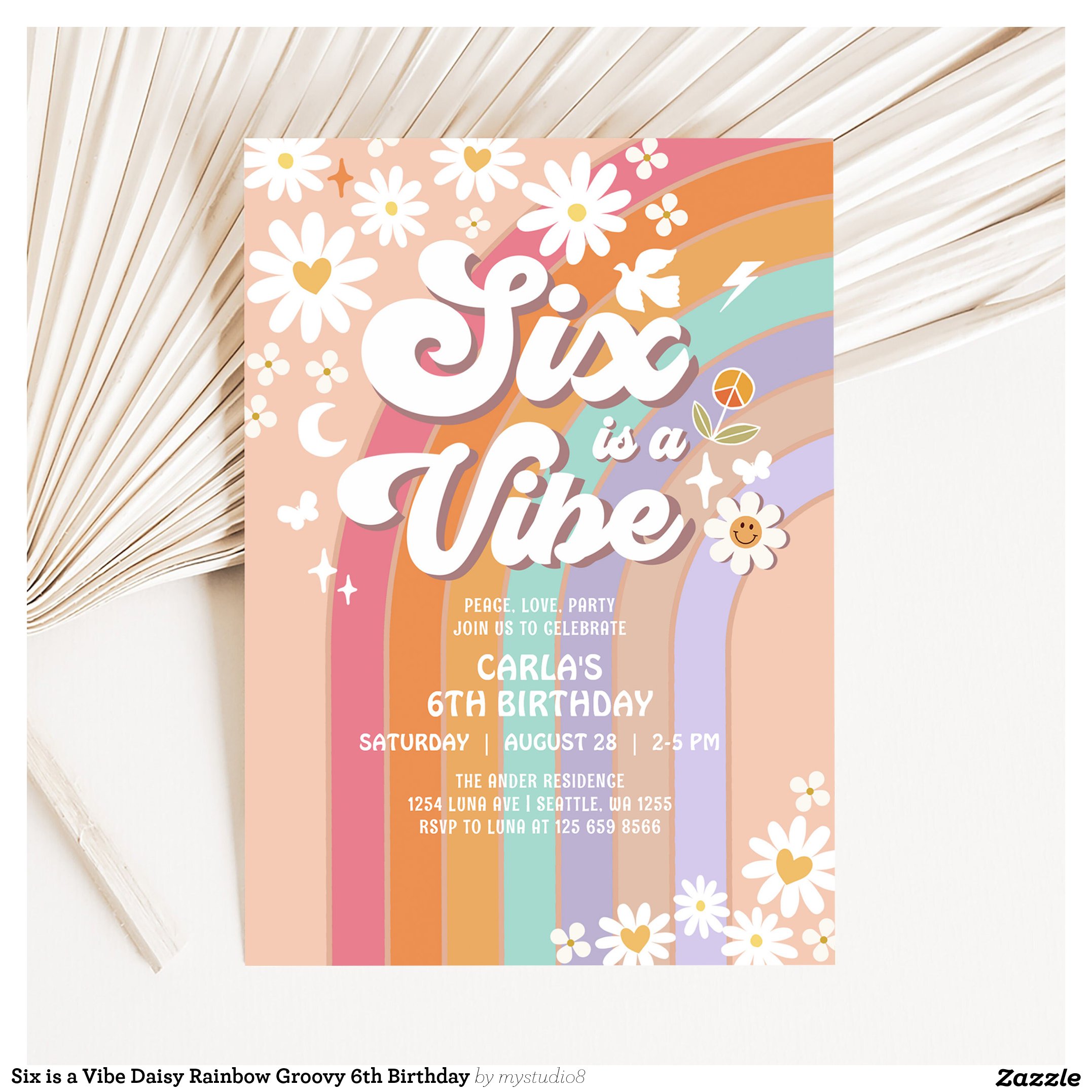 Six is a Vibe Daisy Rainbow Groovy 6th Birthday Invitation