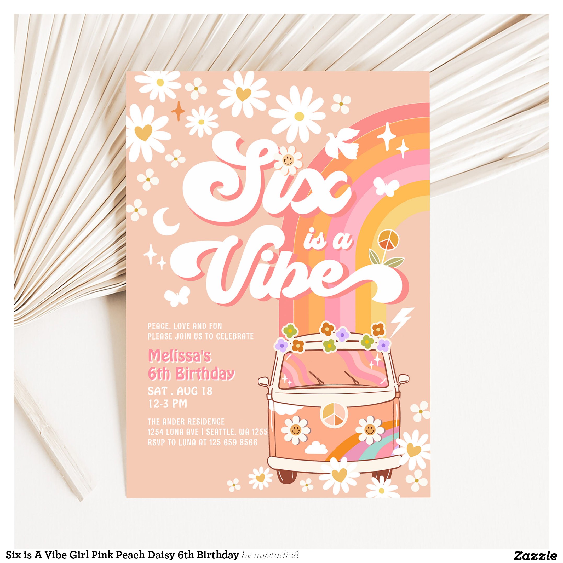 Six is A Vibe Girl Pink Peach Daisy 6th Birthday Invitation