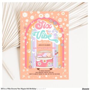 SIX is a Vibe Groovy Van Hippie 6th Birthday Invitation