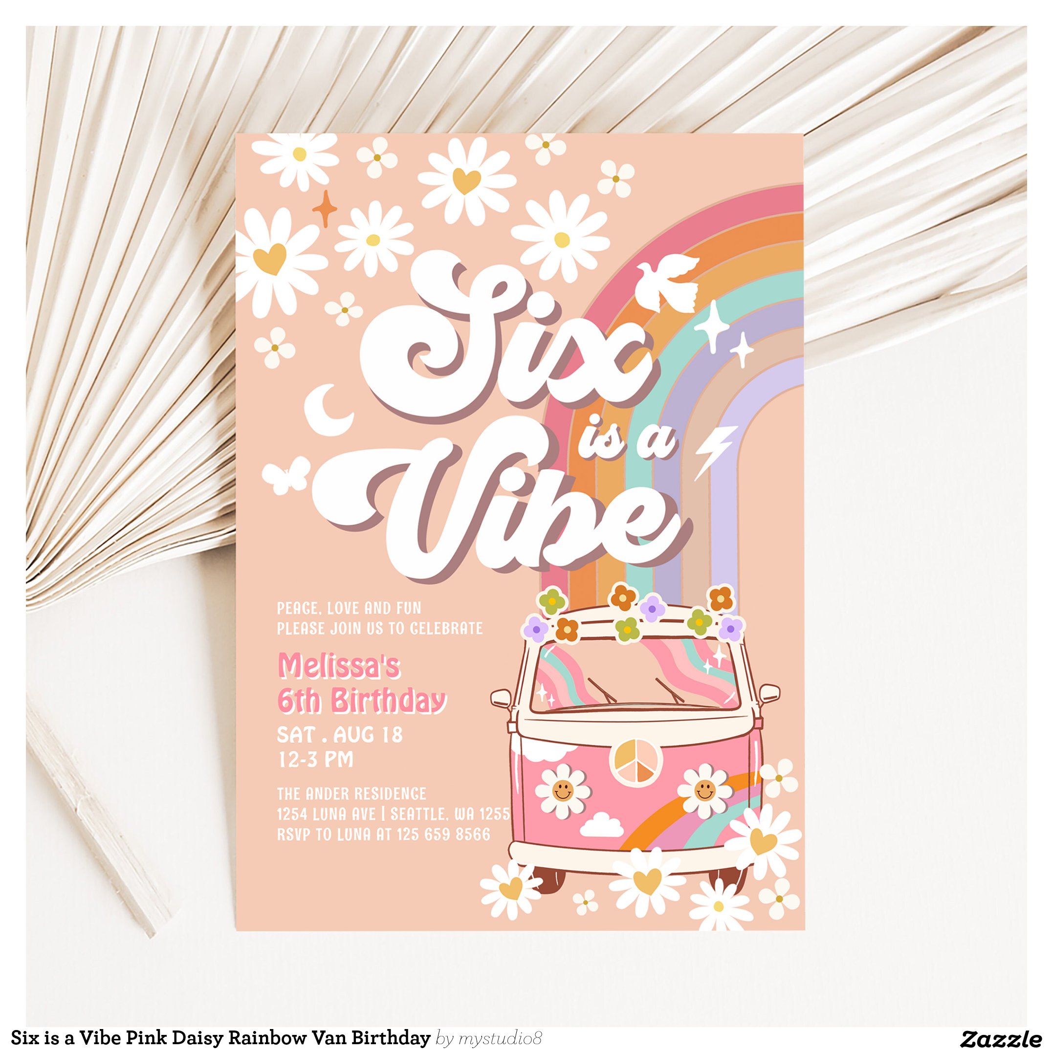 Six is a Vibe Pink Daisy Rainbow Van Birthday Invitation