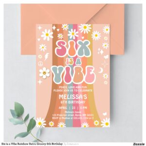 Six is a Vibe Rainbow Retro Groovy 6th Birthday Invitation