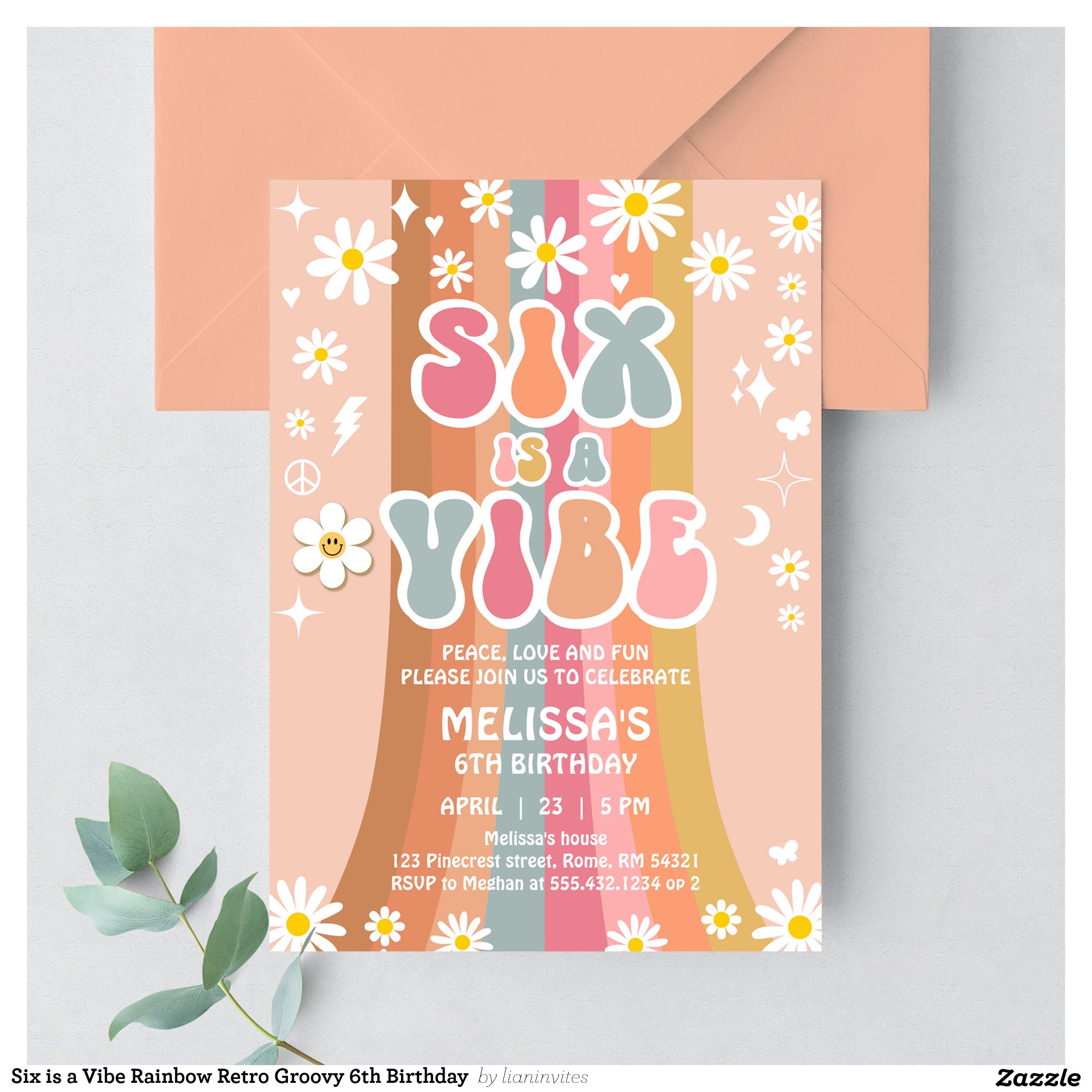 Six is a Vibe Rainbow Retro Groovy 6th Birthday Invitation