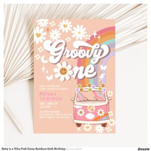 Sixty is a Vibe Pink Daisy Rainbow 60th Birthday Invitation