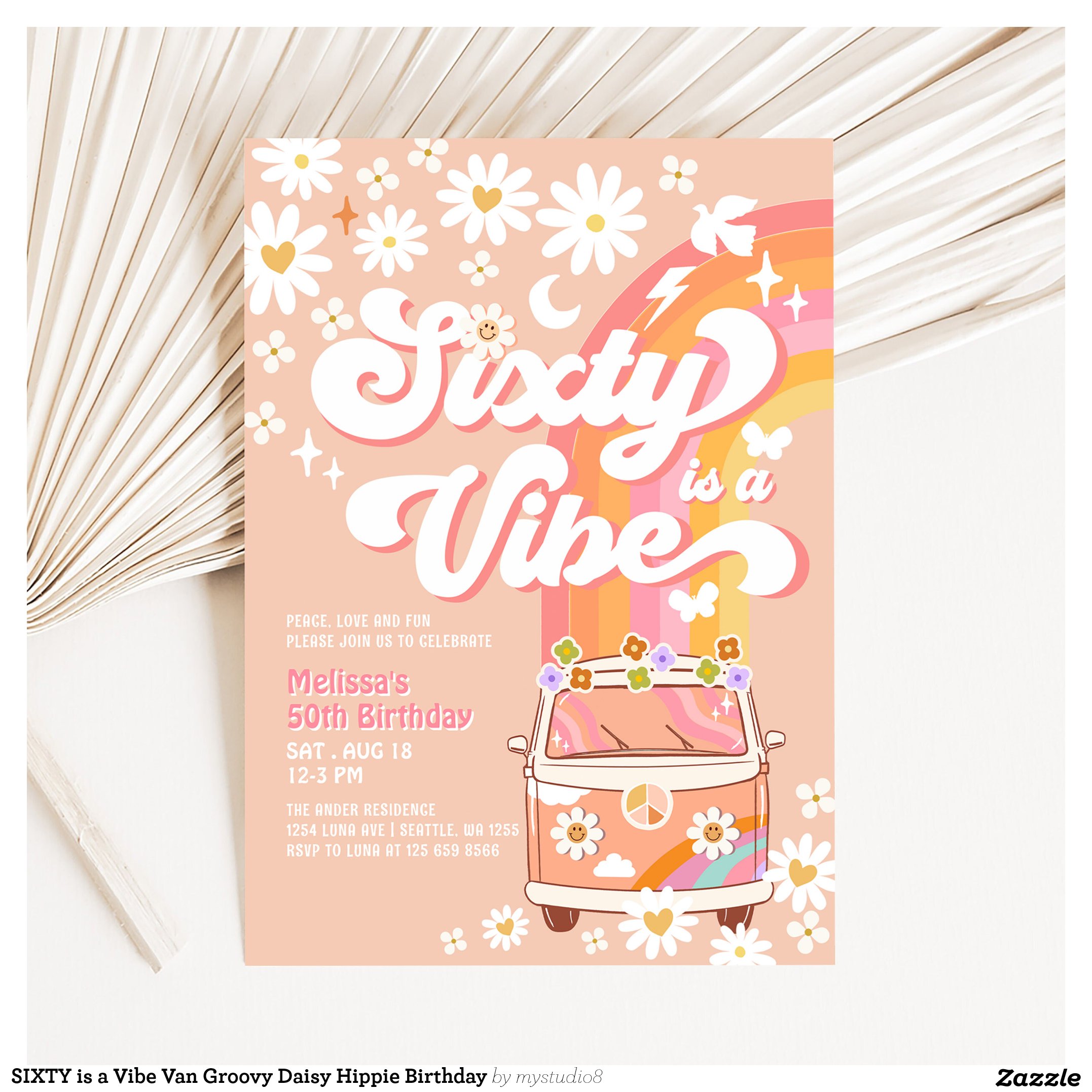 SIXTY is a Vibe Van Groovy Daisy Hippie Birthday Invitation