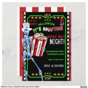 Skeleton Popcorn Eyeballs Halloween Movie Night Invitation