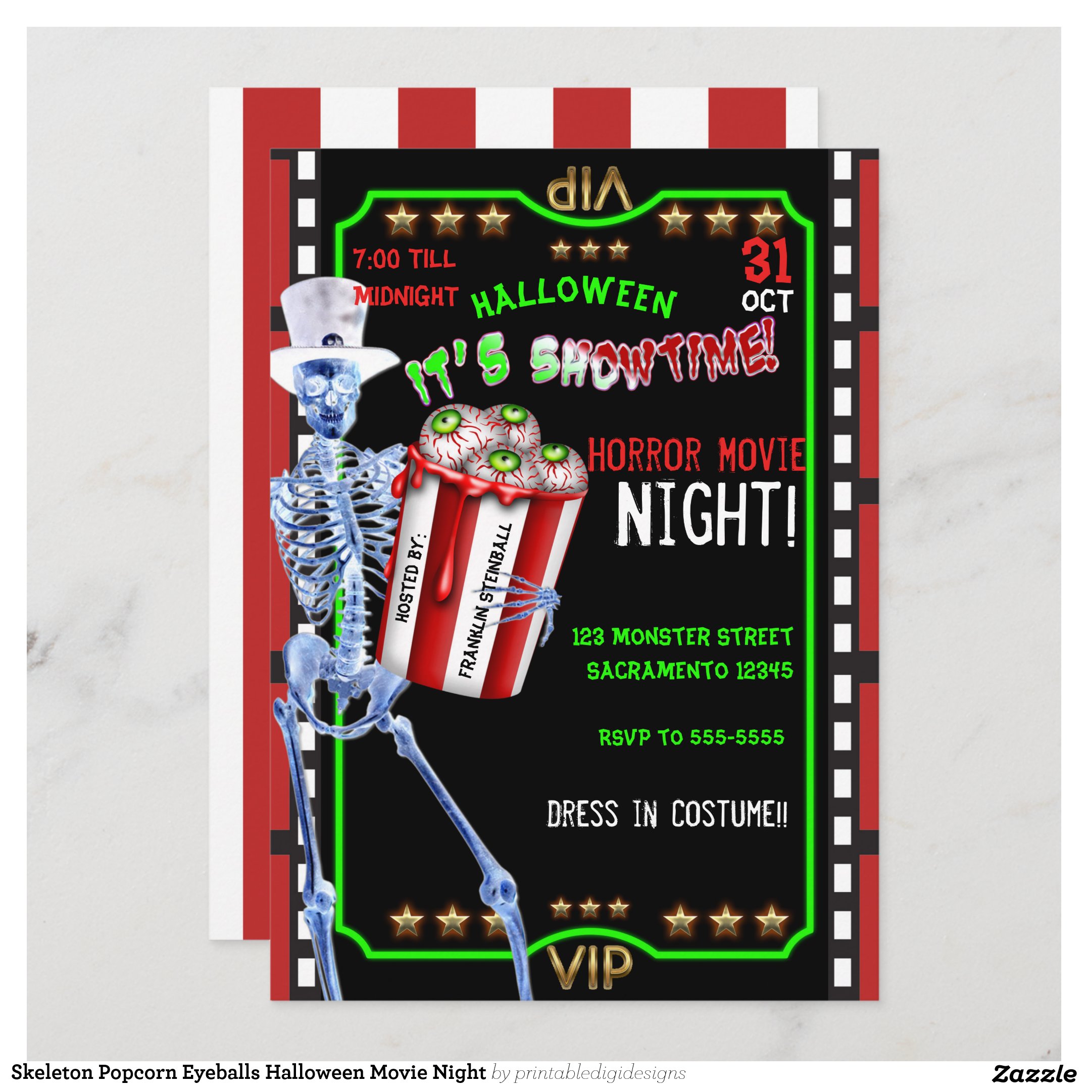 Skeleton Popcorn Eyeballs Halloween Movie Night Invitation