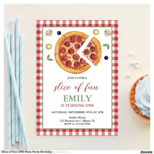 Slice of Fun ONE Pizza Party Birthday Invitation