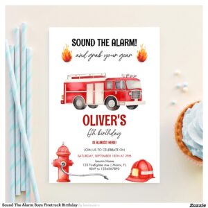 Sound The Alarm Boys Firetruck Birthday Invitation