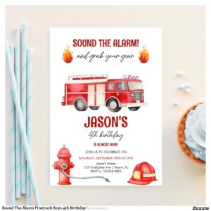 Sound The Alarm Firetruck Boys 4th Birthday Invitation