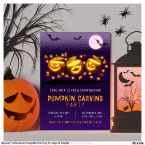 Spooky Halloween Pumpkin Carving Orange & Purple Invitation