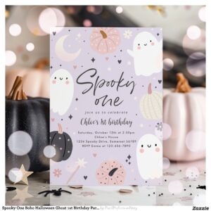 Spooky One Boho Halloween Ghost 1st Birthday Party Invitation