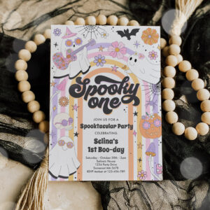Spooky One Halloween Groovy Ghost 1st Birthday Invitation