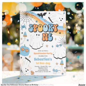 Spooky One Halloween Groovy Ghost 1st Birthday Invitation