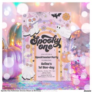Spooky One Halloween Groovy Ghost 1st Birthday Invitation