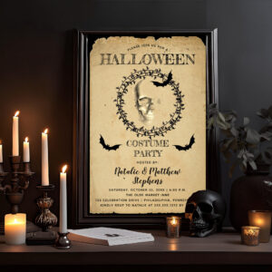 Spooky Skeleton Bat Wreath Halloween Costume Party Invitation