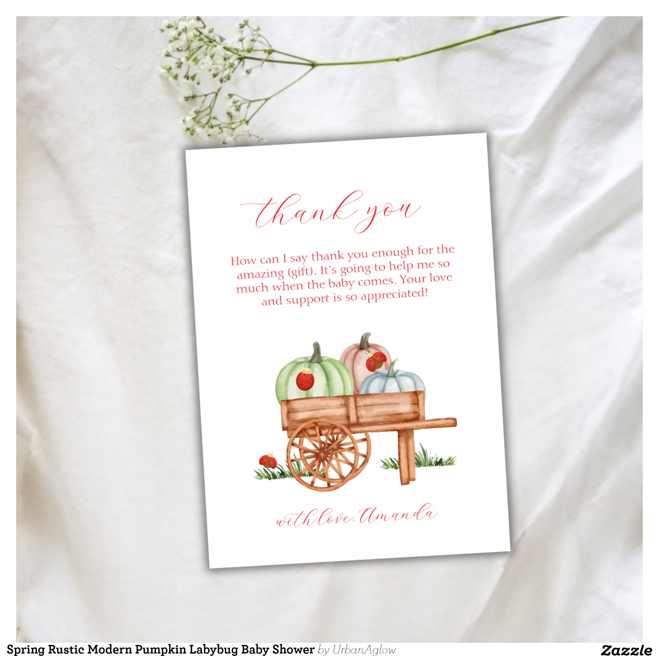 Spring Rustic Modern Pumpkin Labybug Baby Shower Thank You Card